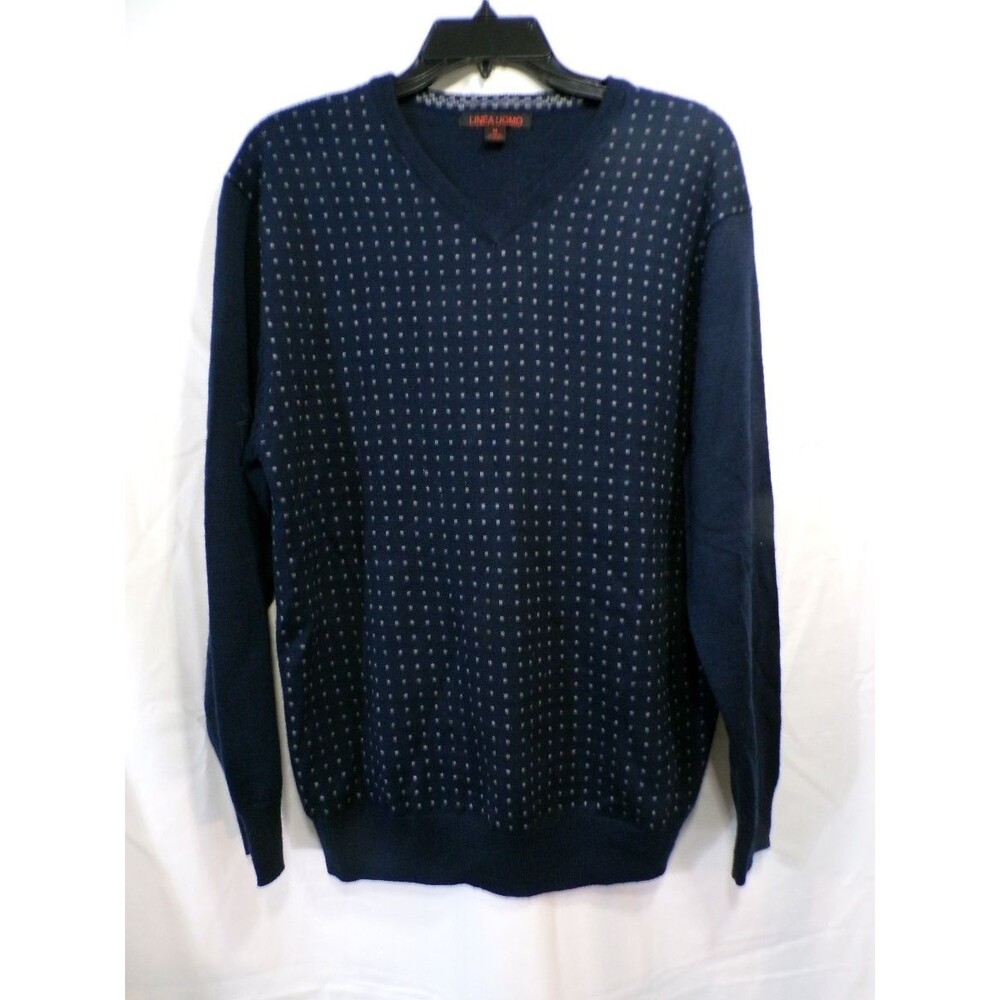 Linea Uomo Men's M Navy V-Neck Sweater Micro Dot Wool Acrylic Pullover